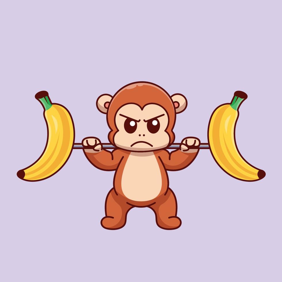 schattig aap hijs- banaan barbell tekenfilm vector icoon illustratie wetenschap sport icoon concept geïsoleerd premie vector. vlak tekenfilm stijl
