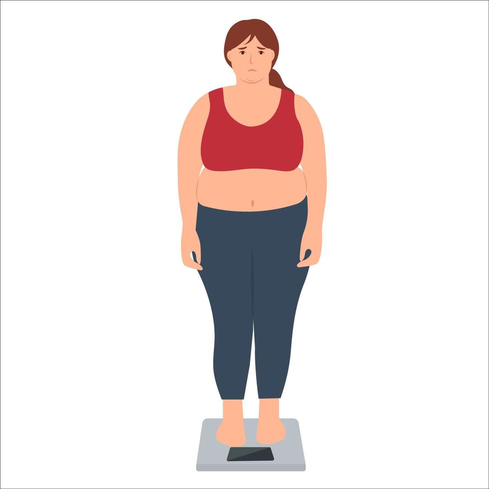 gewicht verlies.a verdrietig, te zwaar vrouw is staand Aan de schubben. de concept van slecht aan het eten gebruiken, vraatzucht, zwaarlijvigheid en ongezond aan het eten. vector illustratie