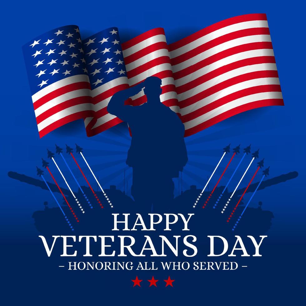 gelukkig veteranen dag groet kaart met Verenigde Staten van Amerika golvend vlag vector achtergrond illustratie voor banier, poster, sociaal media voeden