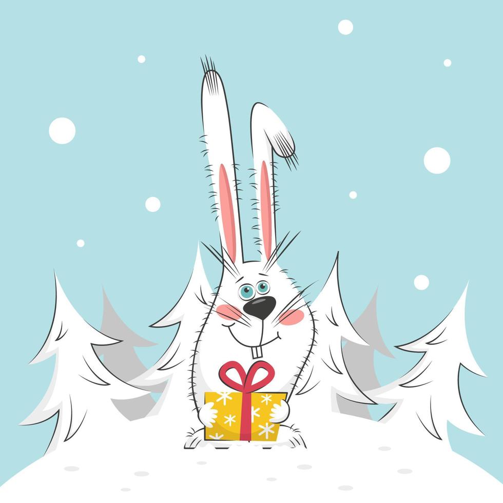 vector nieuw jaar illustratie konijn met een geschenk in de buurt de Woud