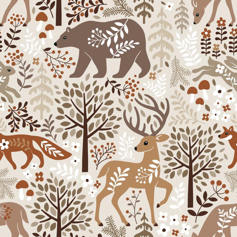 naadloos patroon met schattige bosdieren, bomen en bladeren. Scandinavische bos illustratie. perfect voor textiel, behang of printontwerp. vector