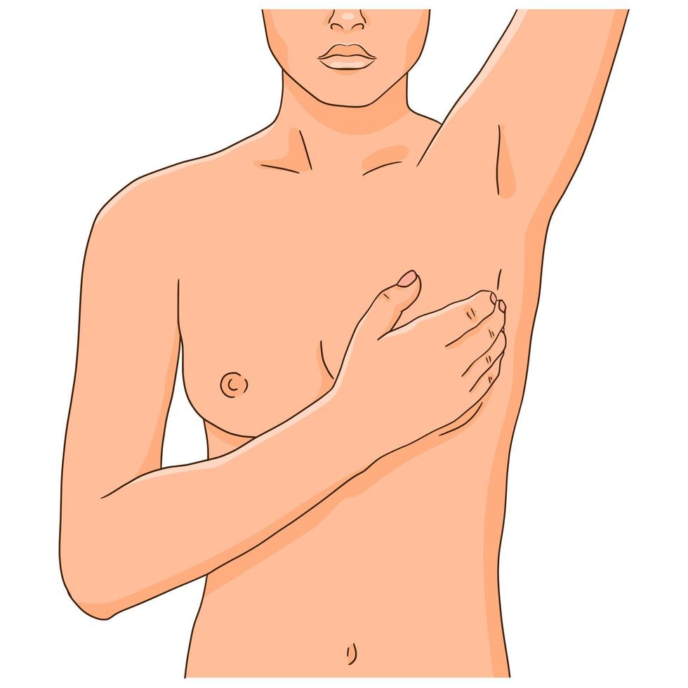 vrouw het uitvoeren van maandelijks borst controleren voor tumor en klont. borst zelf examen, vector illustratie.