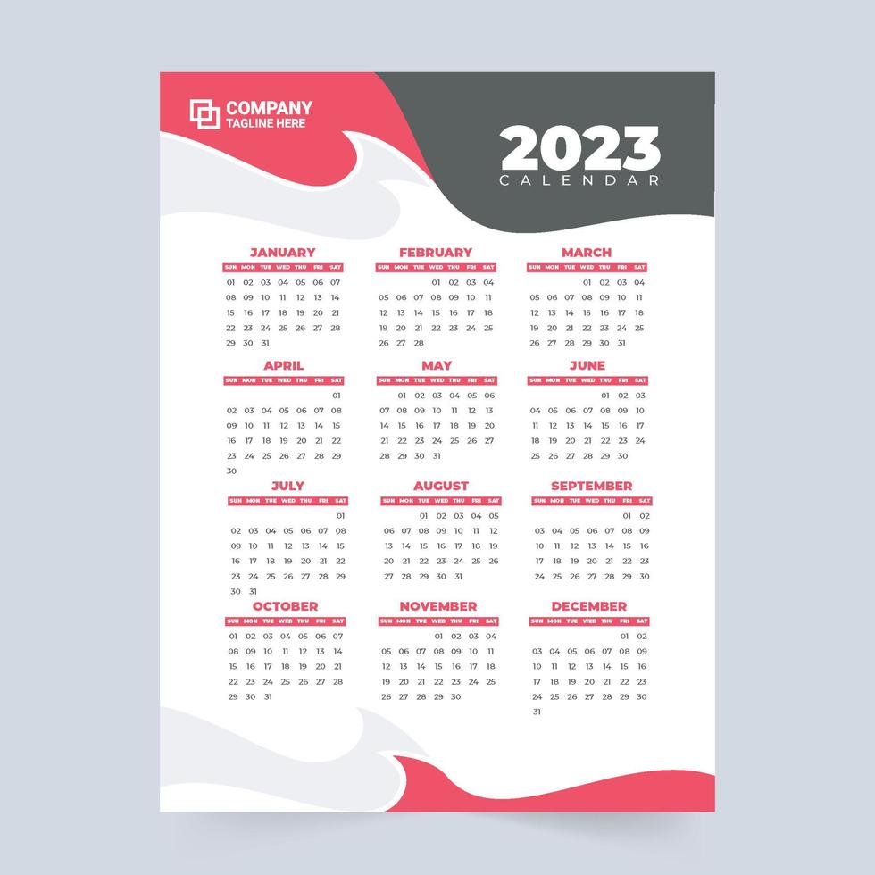 2023 nieuw jaar kalender sjabloon ontwerp met abstract vormen. nieuw jaar kantoor schrijfbehoeften en muur kalender decoratie met rood en geel kleuren. 2023 kalender sjabloon vector. week begint Aan zondag. vector