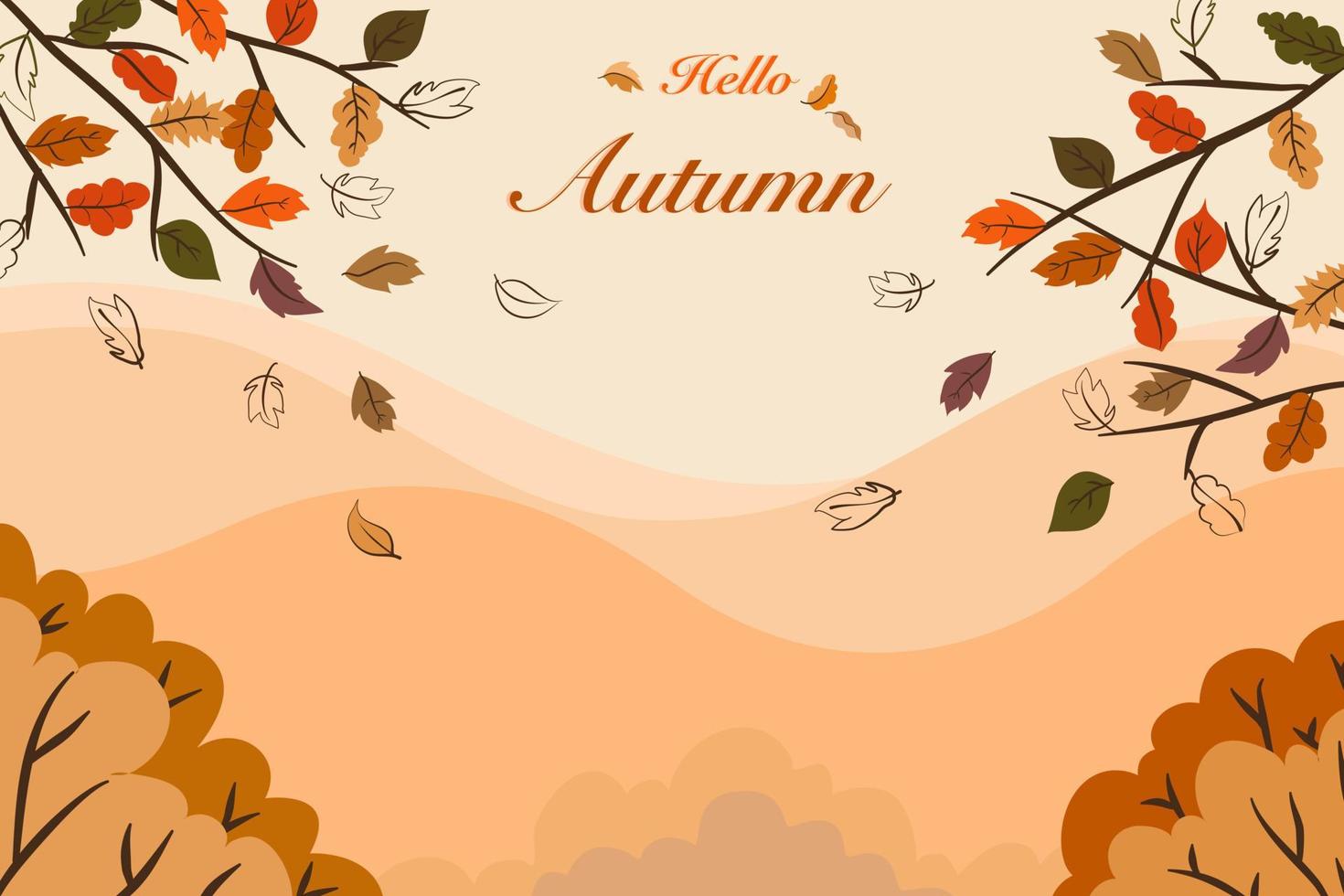 vector van herfst seizoen visie tekening, landschap van oranje en bruin bladeren, bomen, Woud Aan berg landschap met Hallo herfst teksten voor vakantie ansichtkaart, uitnodiging achtergrond