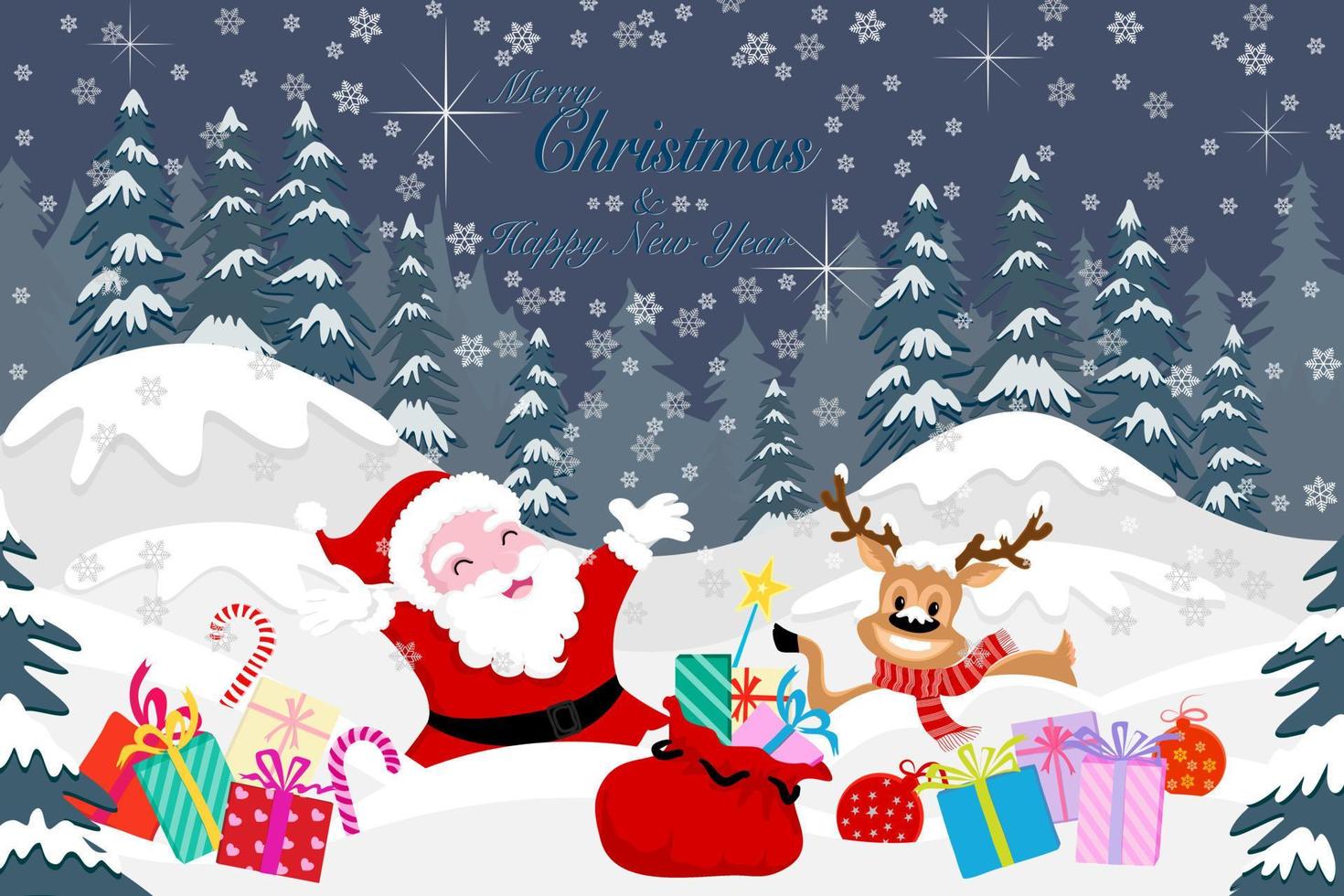 vector tekening voor vrolijk Kerstmis ansichtkaart, de kerstman claus en hert vieren nieuw jaar Aan een berg aan het bedekken door wit sneeuw en sneeuwvlok, Woud en blauw pijnboom boom Aan achtergrond