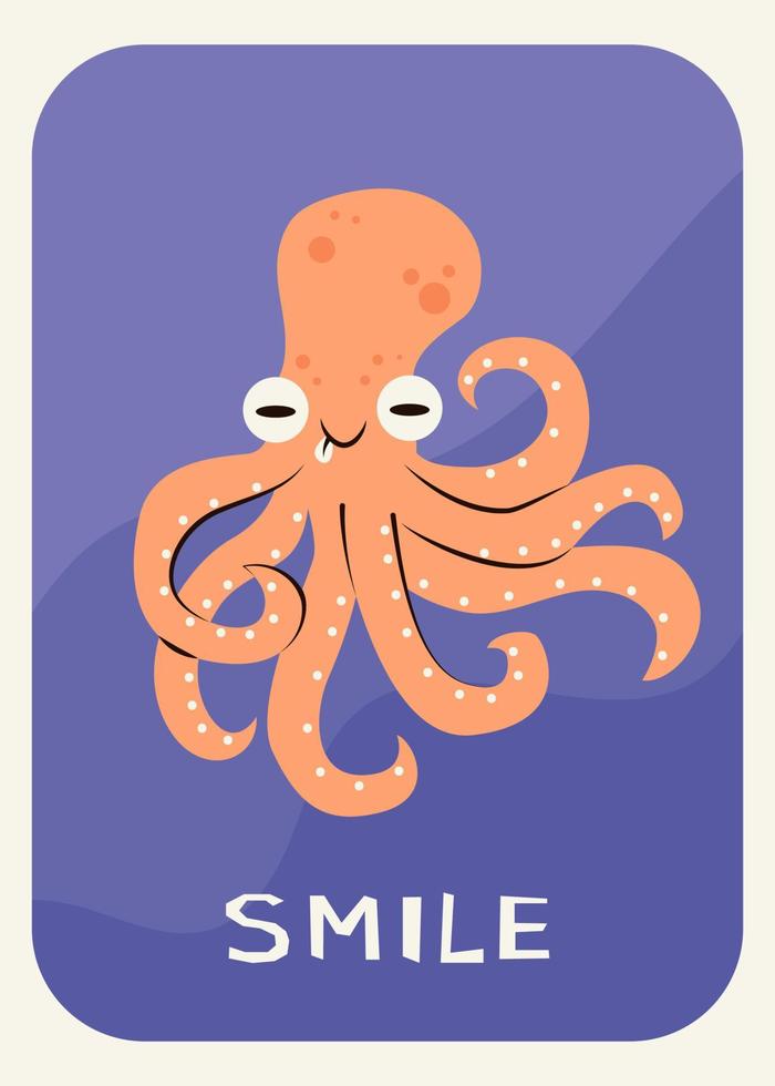 schattig tekenfilm glimlach Octopus kaart. vector illustratie voor muur decor in kinderen slaapkamer. schattig baby kinderkamer poster