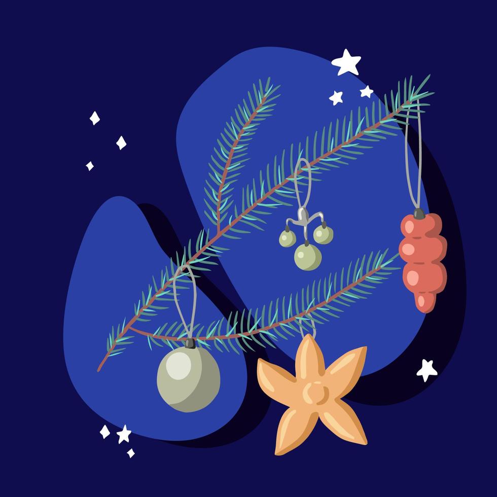 Kerstmis boom Afdeling decoratie. hand- getrokken Spar takje met feestelijk decor. wijnoogst Kerstmis ornament. tekenfilm vector illustratie geïsoleerd Aan blauw achtergrond