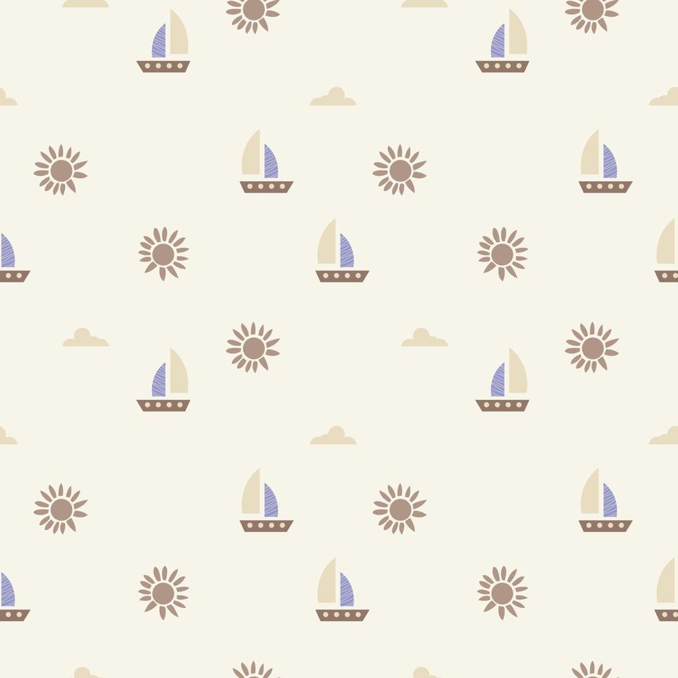 schattig schip kinderachtig afdrukken. boho zomer herhalen structuur met boot, zon, wolken. vector tekenfilm naadloos patroon voor kinderkamer decoratie, behang, kinderen textiel