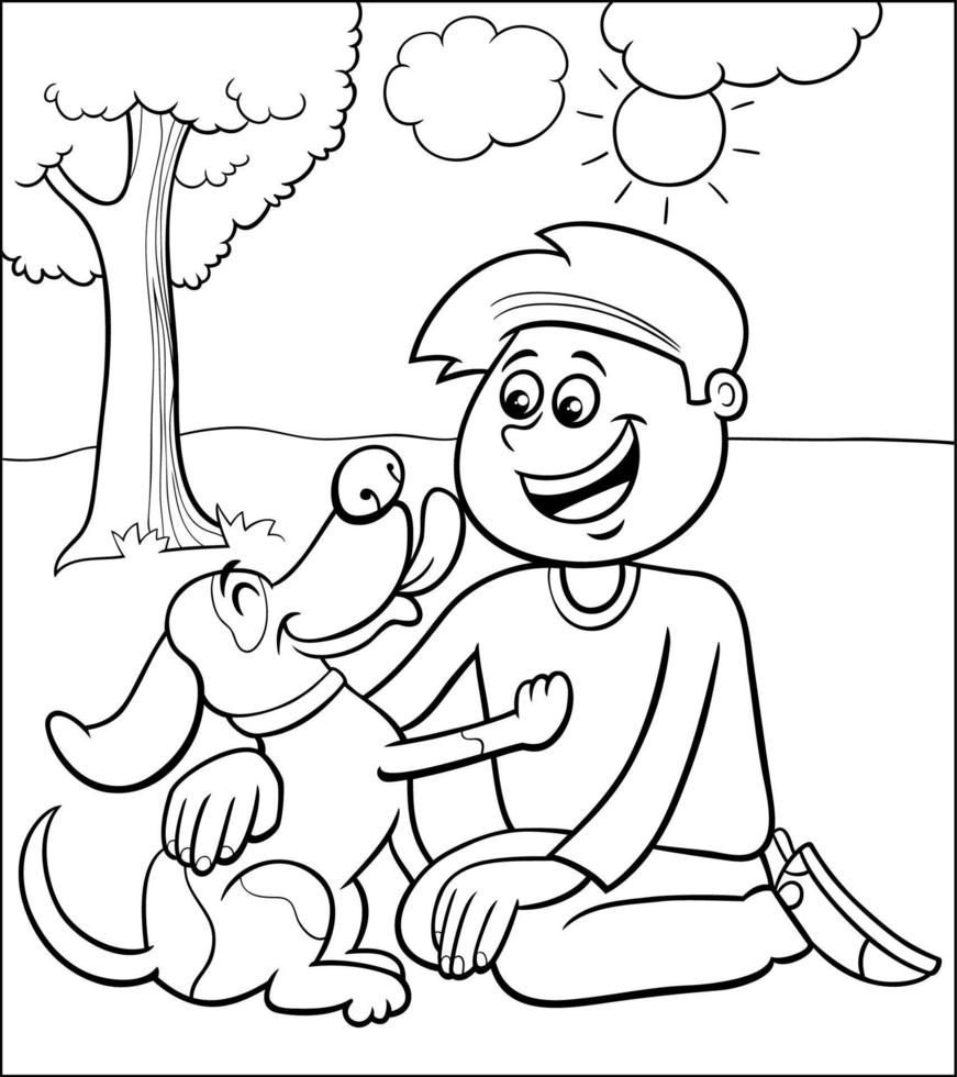 tekenfilm jongen karakter met zijn schattig hond kleur bladzijde vector