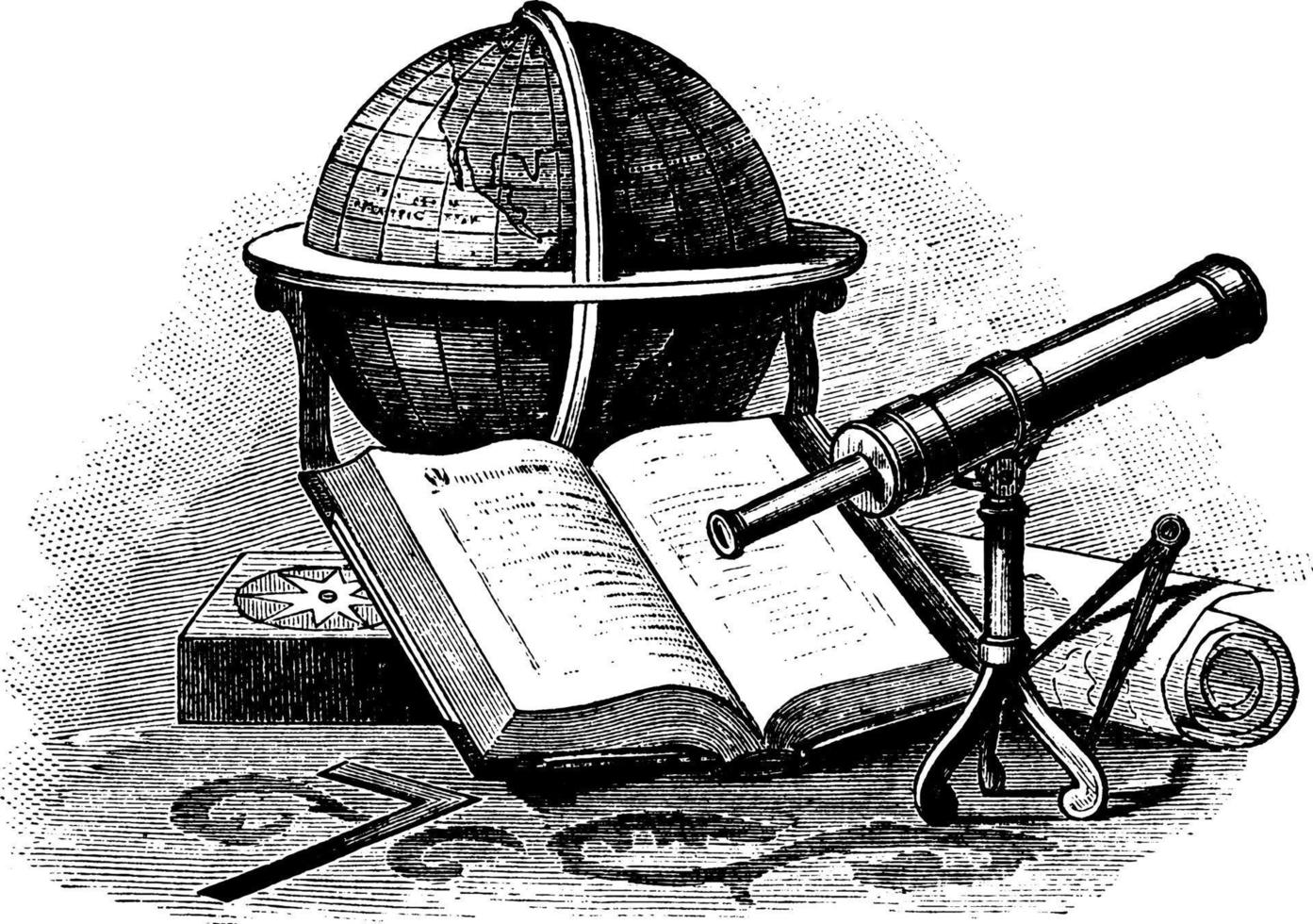 nog steeds leven met wereldbol, telescoop, wijnoogst illustratie vector