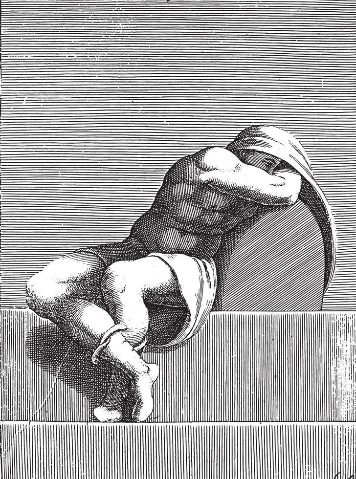 slapen jong Mens, adamo scultori, na michelangelo, 1585, wijnoogst illustratie. vector