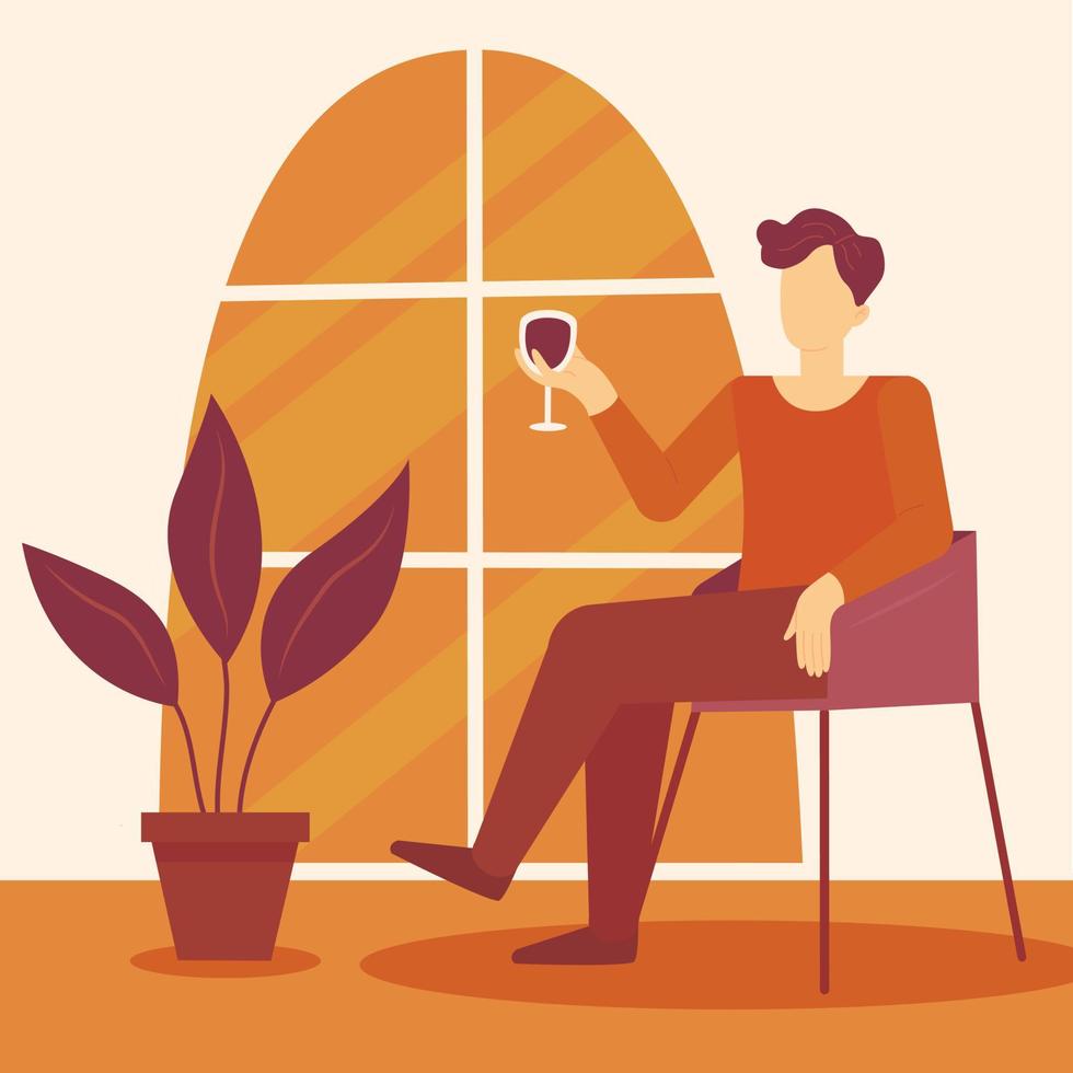 een Mens drankjes wijn in de avond Bij huis zittend door de venster. huis rust uit. uitgeven tijd in een knus huis. vector vlak illustratie.