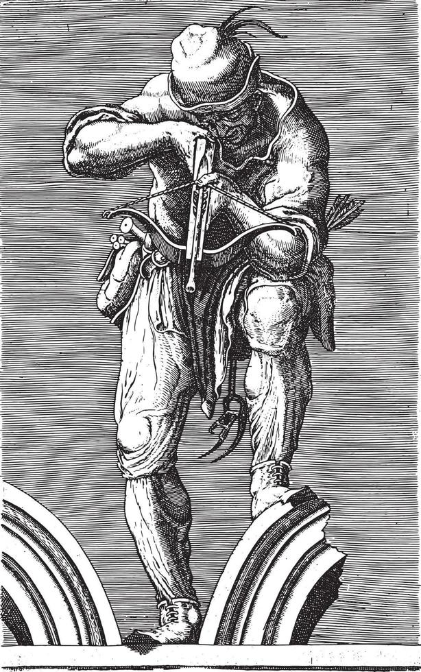 jager met een kruisboog, anoniem, 1584, wijnoogst illustratie. vector