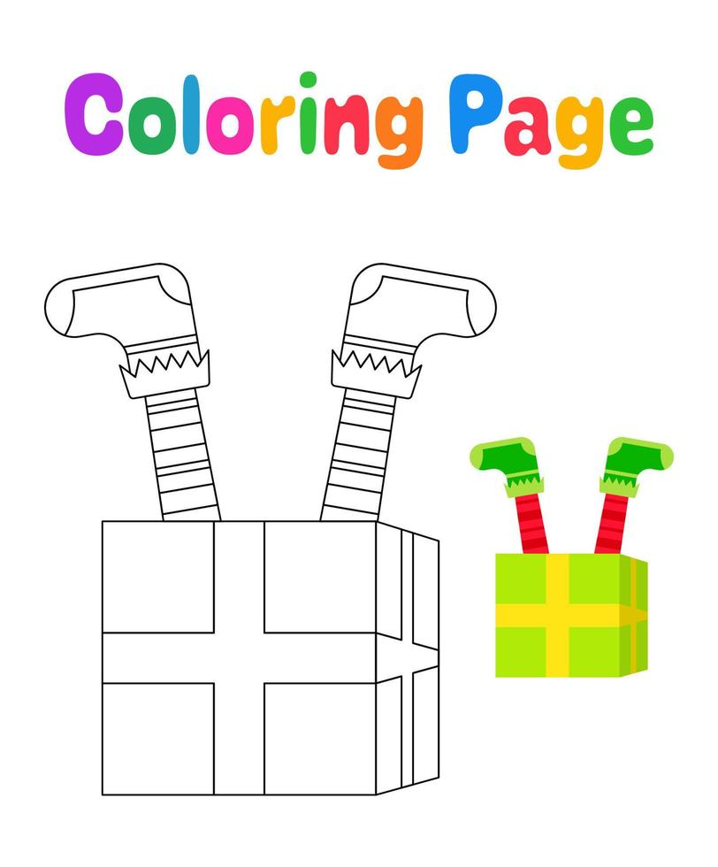 kleur bladzijde met elf voeten met geschenk doos voor kinderen vector