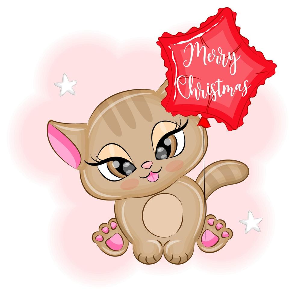 schattig katje met een ballon Kerstmis vector illustratie