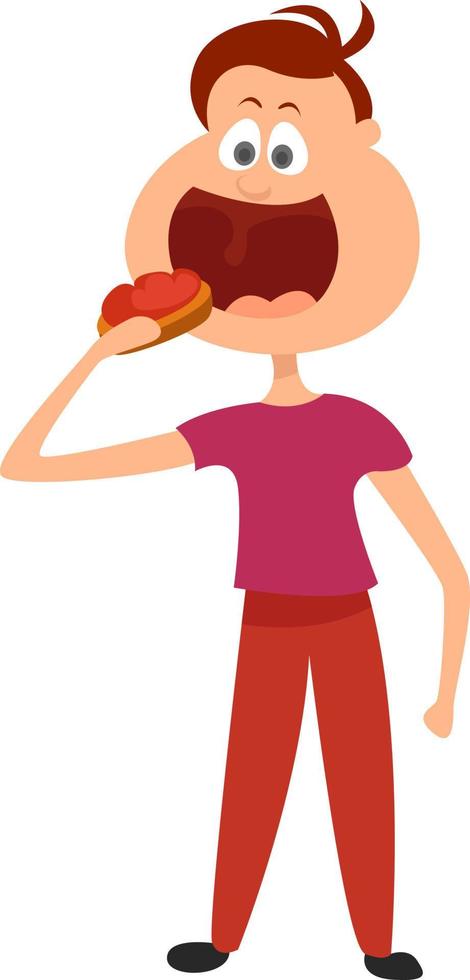 jongen aan het eten broodje, illustratie, vector Aan wit achtergrond