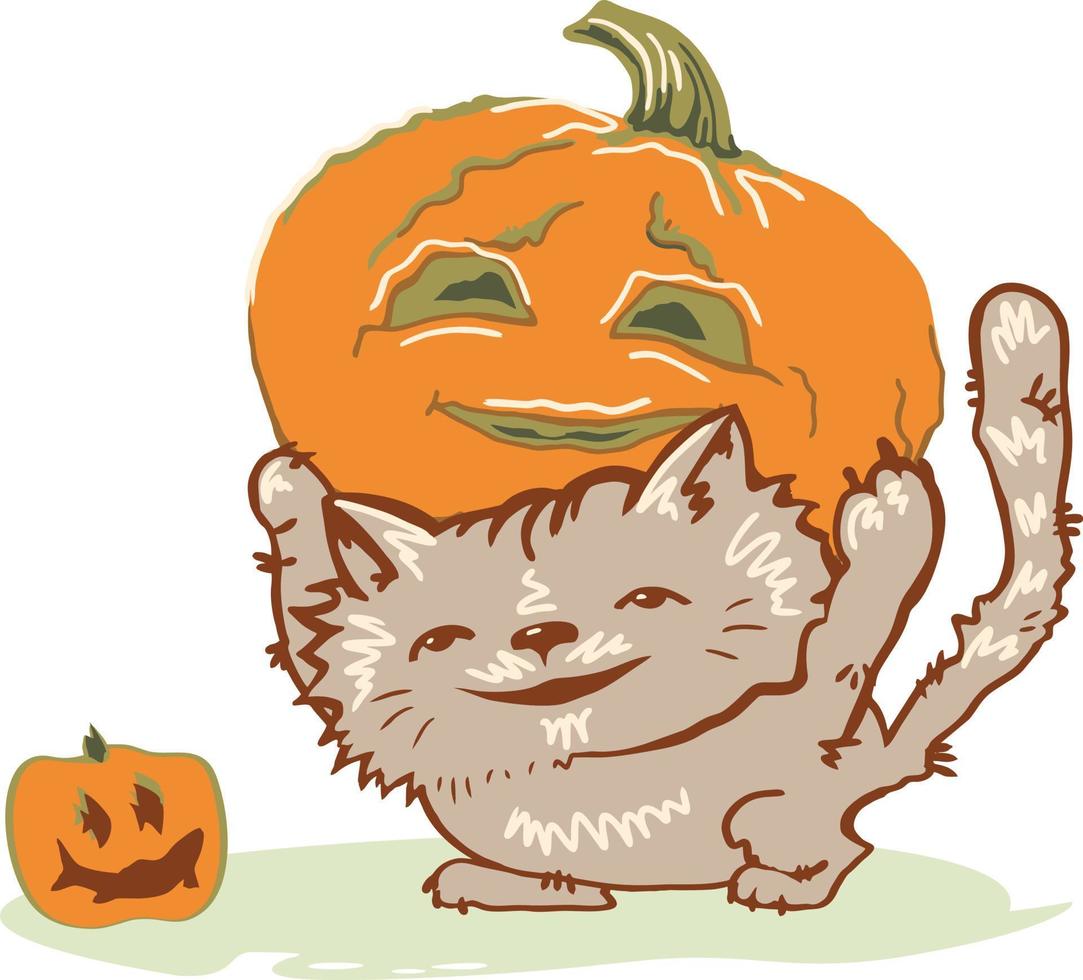 grappig kat sleept een reusachtig pompoen voor halloween. vector