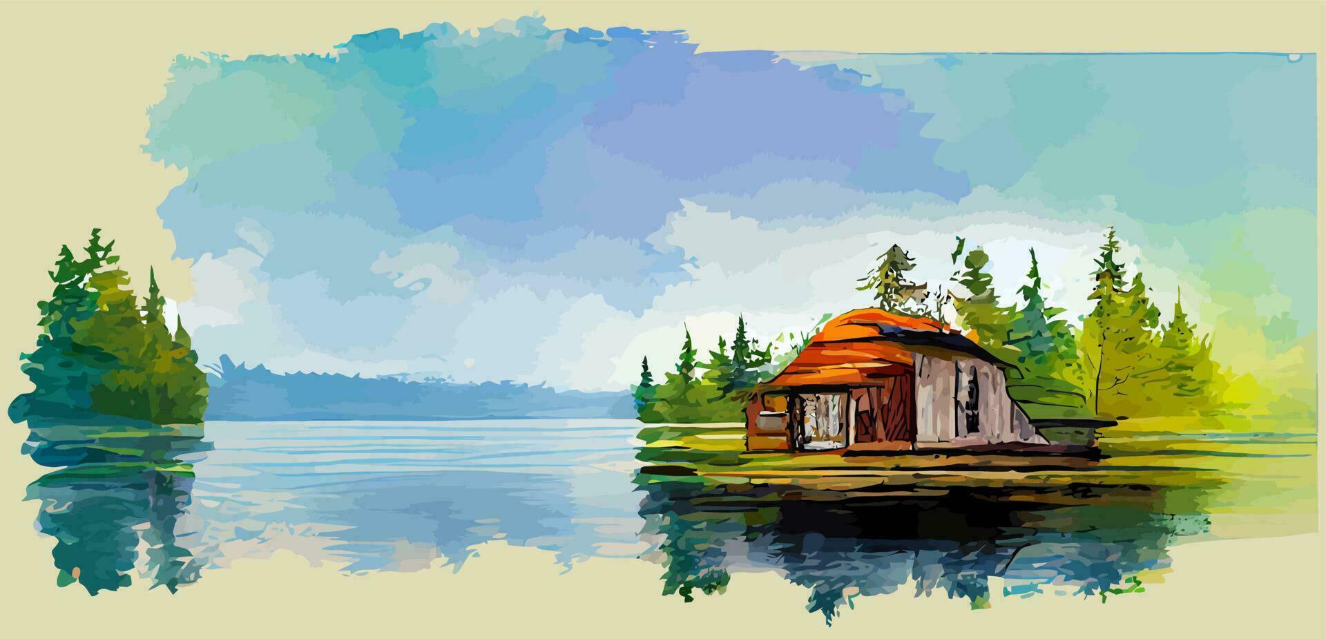 illustratie vector grafisch van meer huis Aan waterverf schilderij stijl mooi zo voor afdrukken Aan ansichtkaart, poster of achtergrond