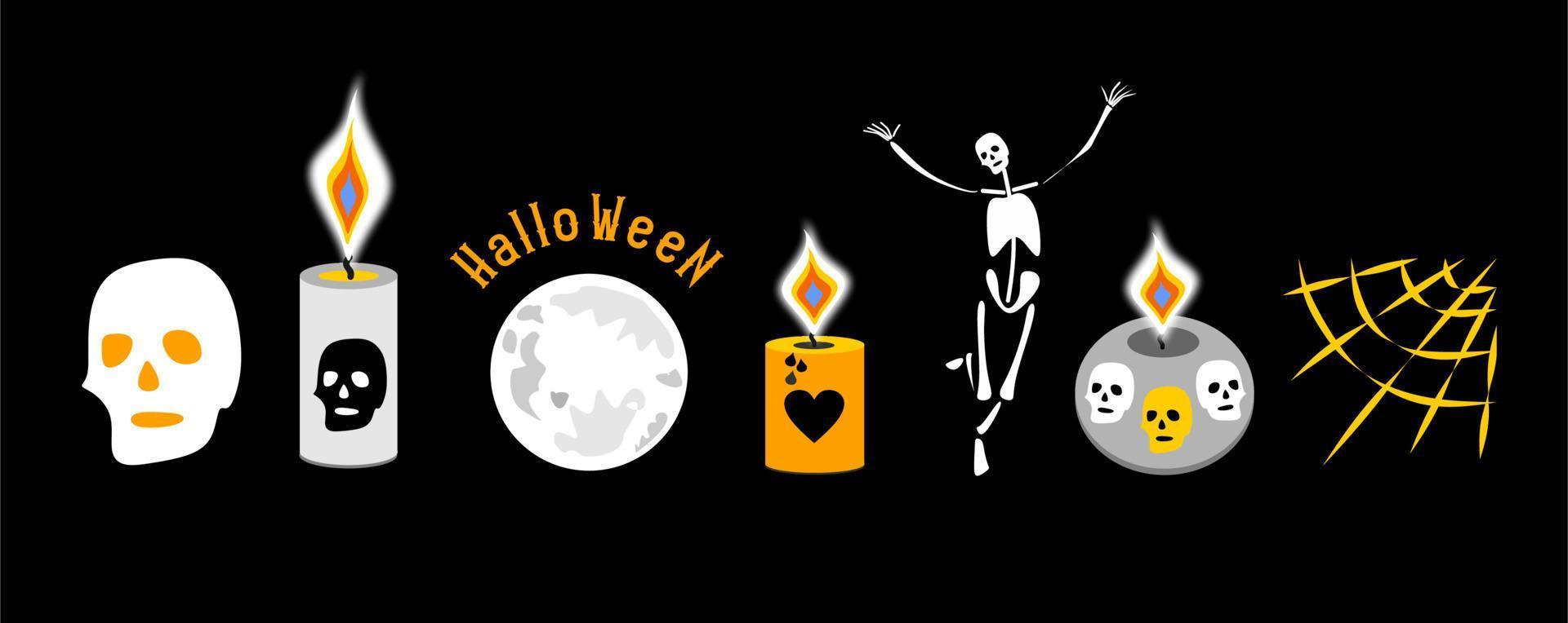 halloween set. de kaarsen zijn verlicht, de brand is realistisch, schedels zijn geschilderd Aan de kaarsen. grijs schedel met geel ogen, spinneweb, maan vector