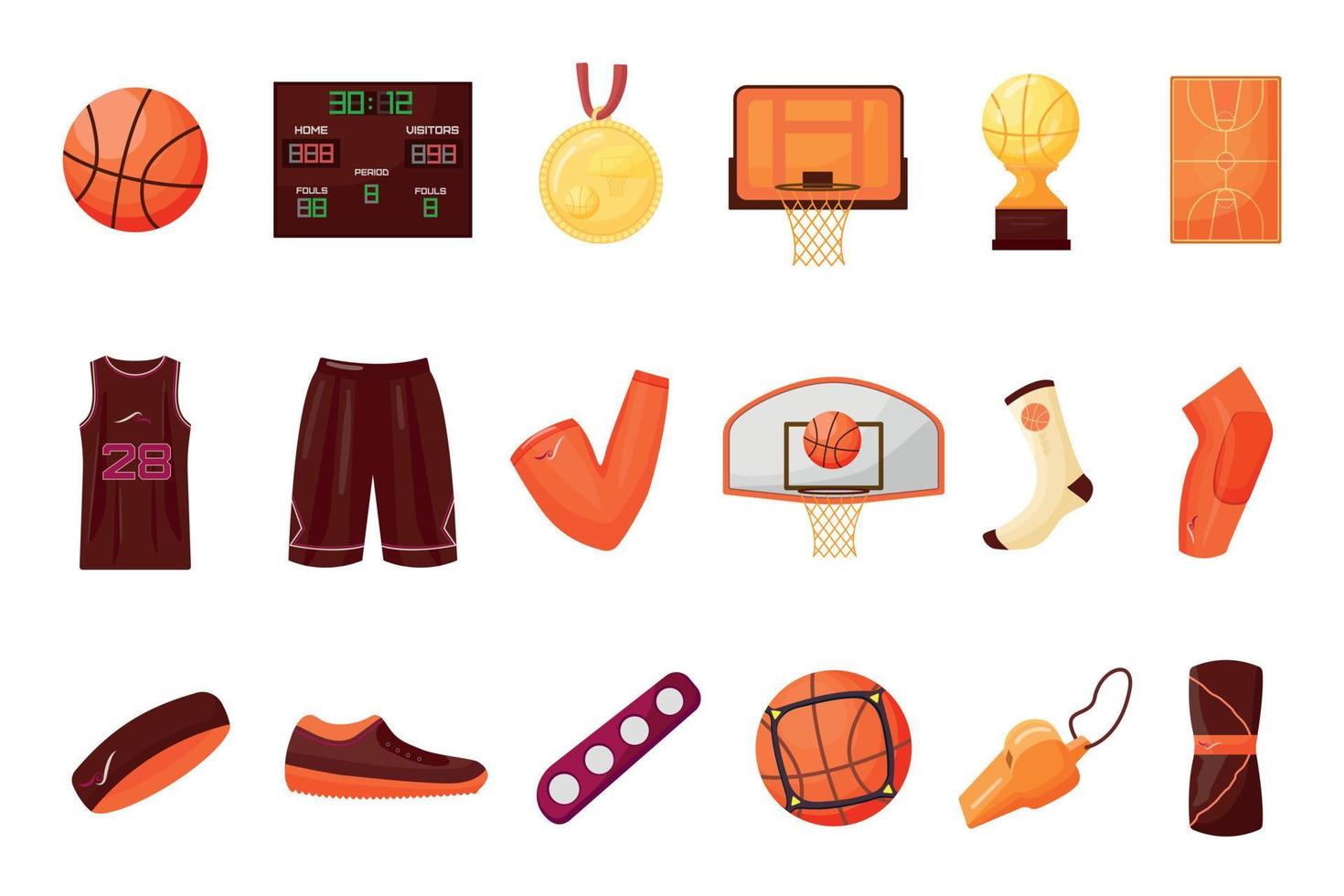 basketbal uitrusting pictogrammen reeks tekenfilm vector. sport bal vector