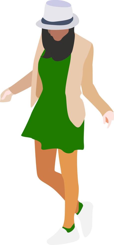 meisje met groen jurk, illustratie, vector Aan wit achtergrond.