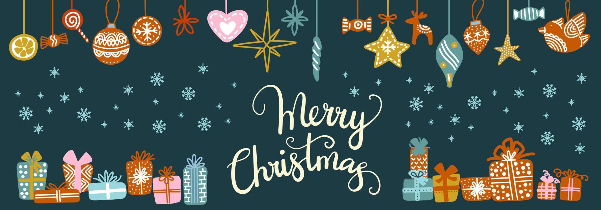 horizontaal kaart cadeaus en Kerstmis decoraties vector illustratie