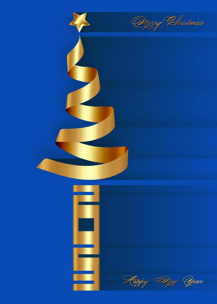 vrolijk Kerstmis boom en 2023 nieuw jaar groet kaart met gestileerde helder goud lint Kerstmis boom en ster, kopiëren ruimte. vector illustratie geïsoleerd Aan blauw achtergrond