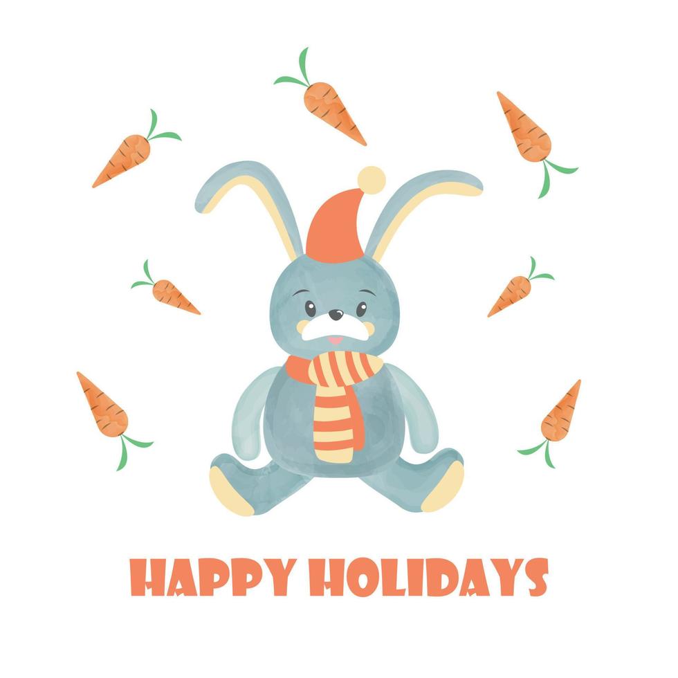 vrolijk Kerstmis en gelukkig nieuw jaar groet kaart. Kerstmis schattig dier karakter. tekenfilm waterverf konijn met een Kerstmis hoed en sjaal omringd door wortels. vector