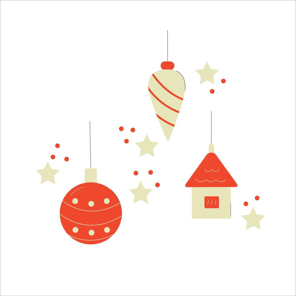 Kerstmis boom decoraties geïsoleerd Aan wit achtergrond vector illustratie set. winter vakantie en vieringen concept. ballen, ster, speelgoed- decor.