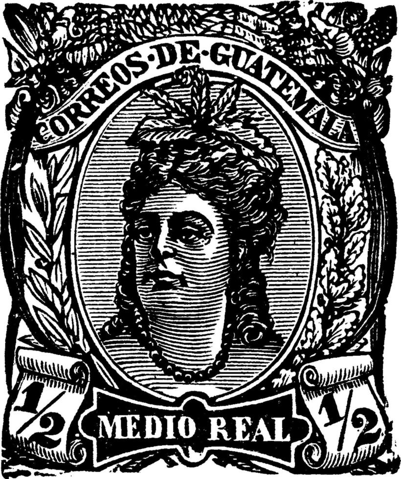 Guatemala medio echt postzegel in 1878, wijnoogst illustratie. vector