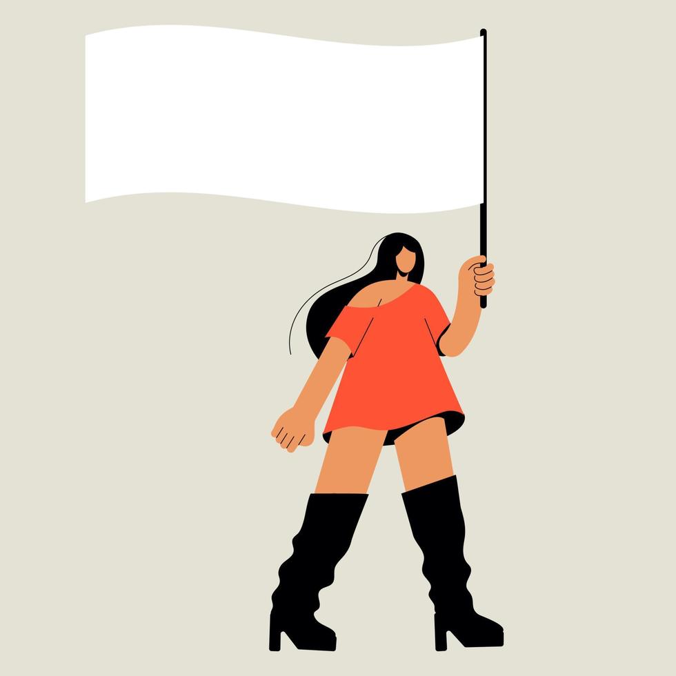een vrouw Bij een protest. een meisje in een jurk met een vlag Bij een rally eisen gelijkwaardigheid. wit vlag in hand- vector