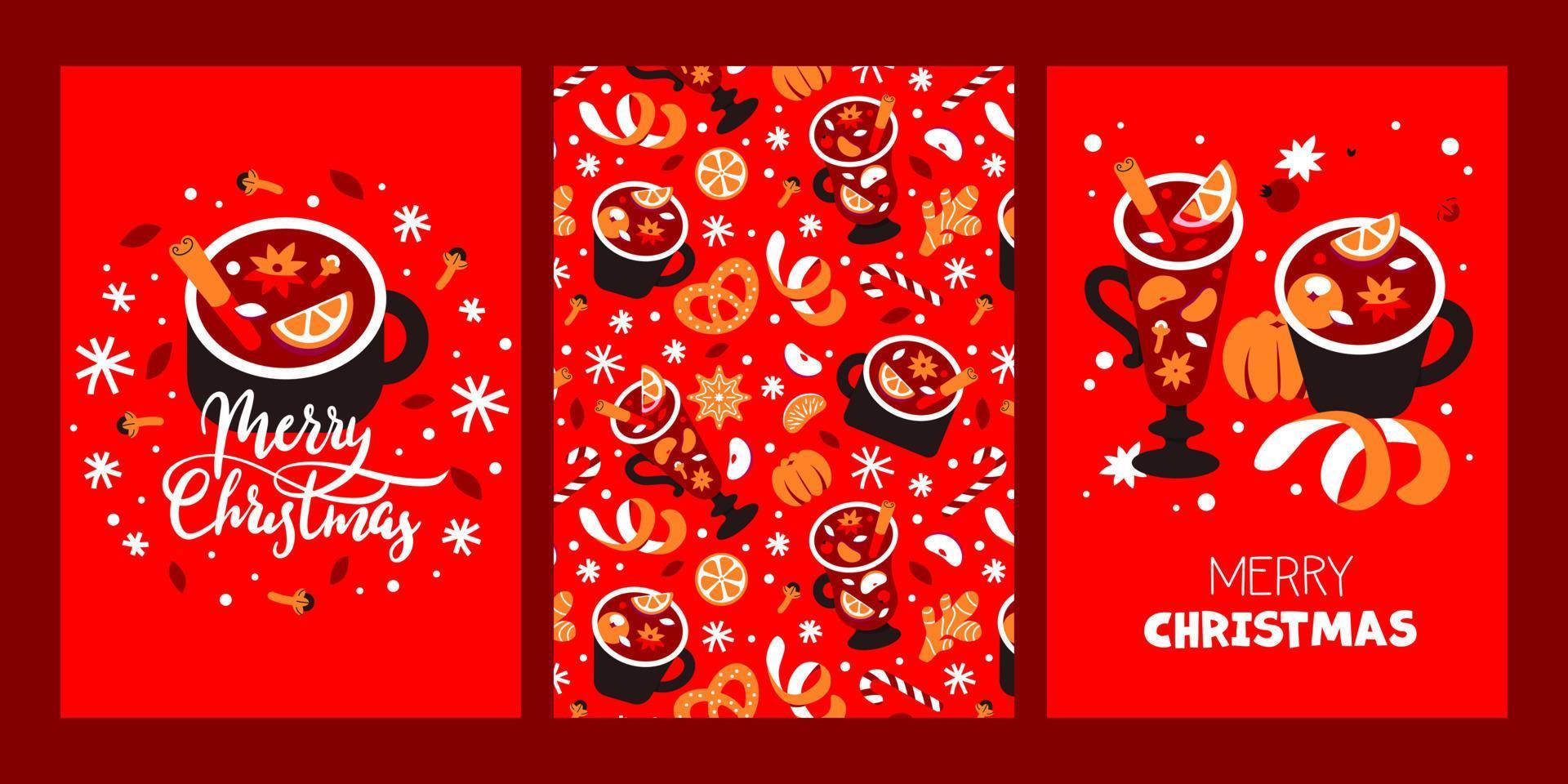 Kerstmis kaart set. overwogen wijn, mandarijnen, wijn, specerijen. naadloos patroon, textiel achtergrond vector