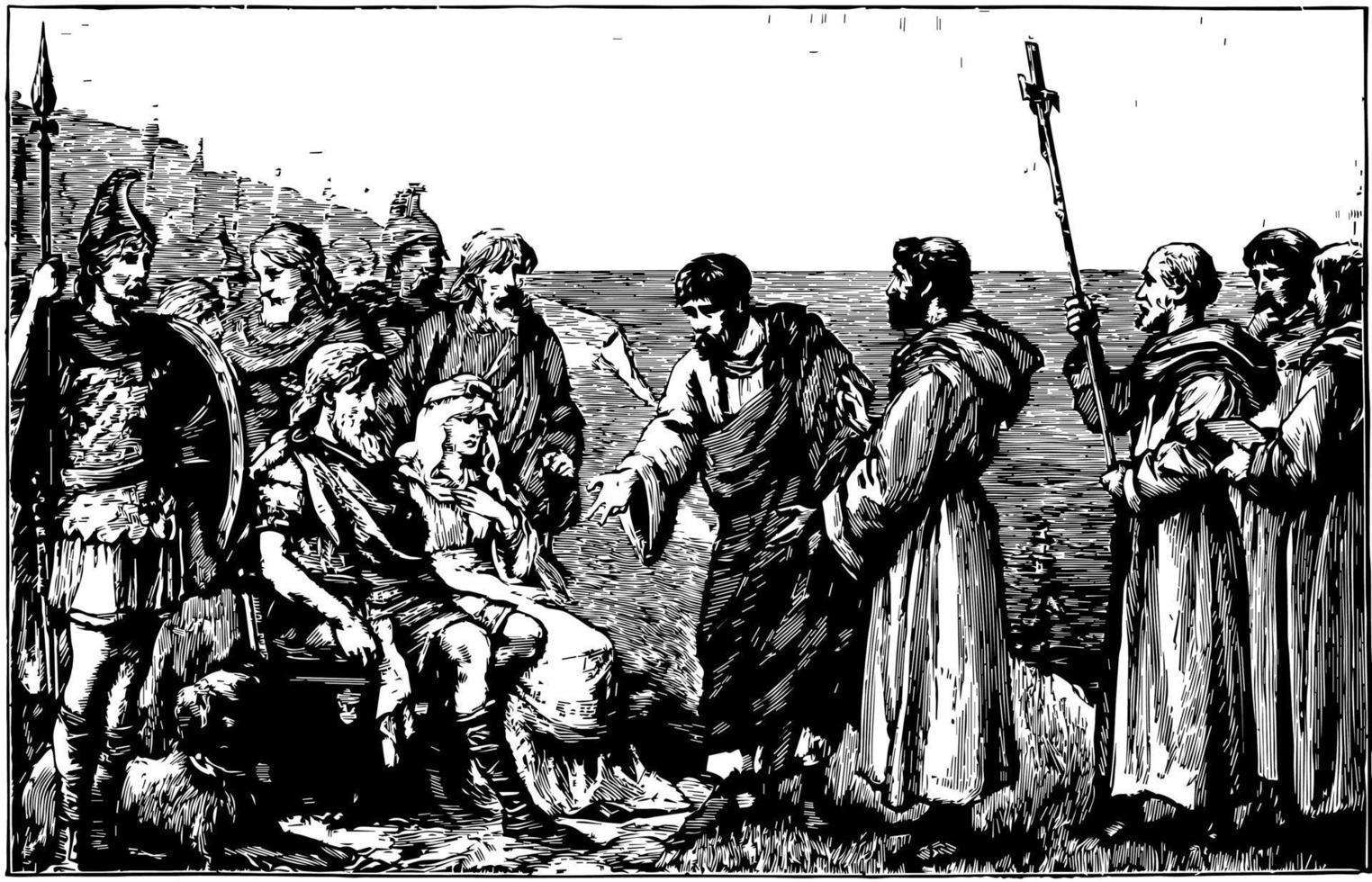 Augustine voordat ethelbert en Bertha wijnoogst illustratie. vector