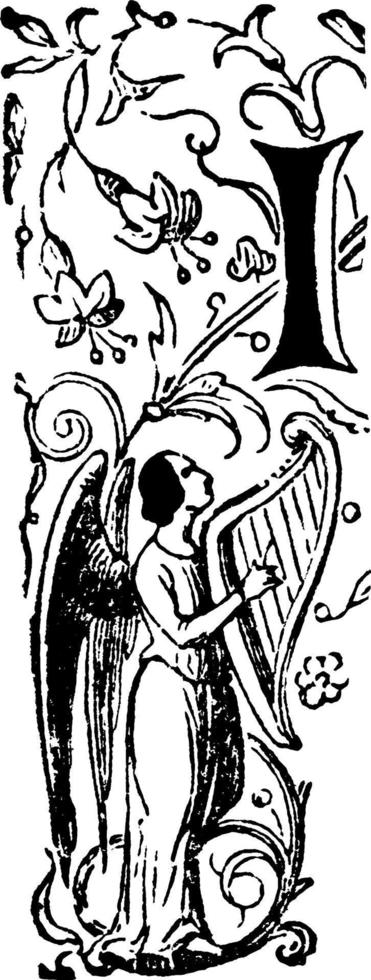 decoratief brief ik met engel spelen harp, wijnoogst illustratie vector