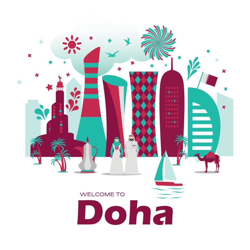 doha - qatar mijlpaal gebouwen horizon van modern stad met kruik boot kameel en mensen. vector