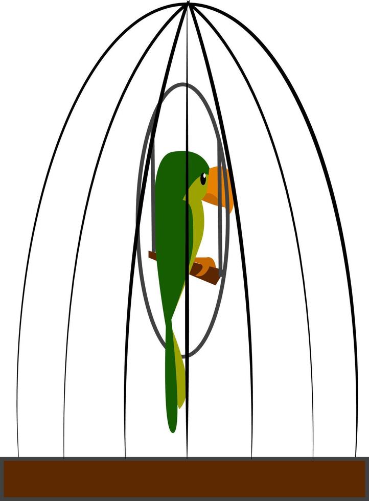 een groen papegaai in een kooi, vector of kleur illustratie.