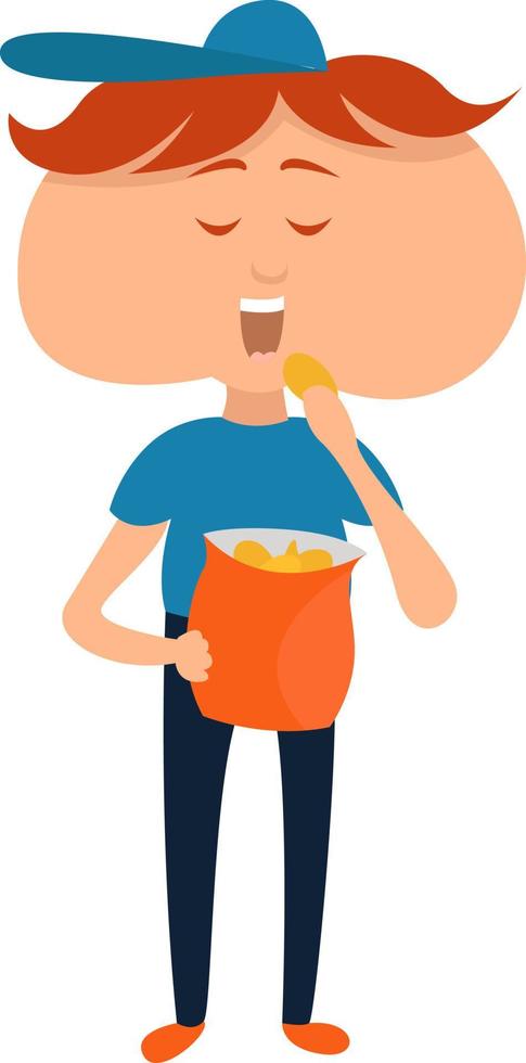 jongen aan het eten chips, illustratie, vector Aan een wit achtergrond.