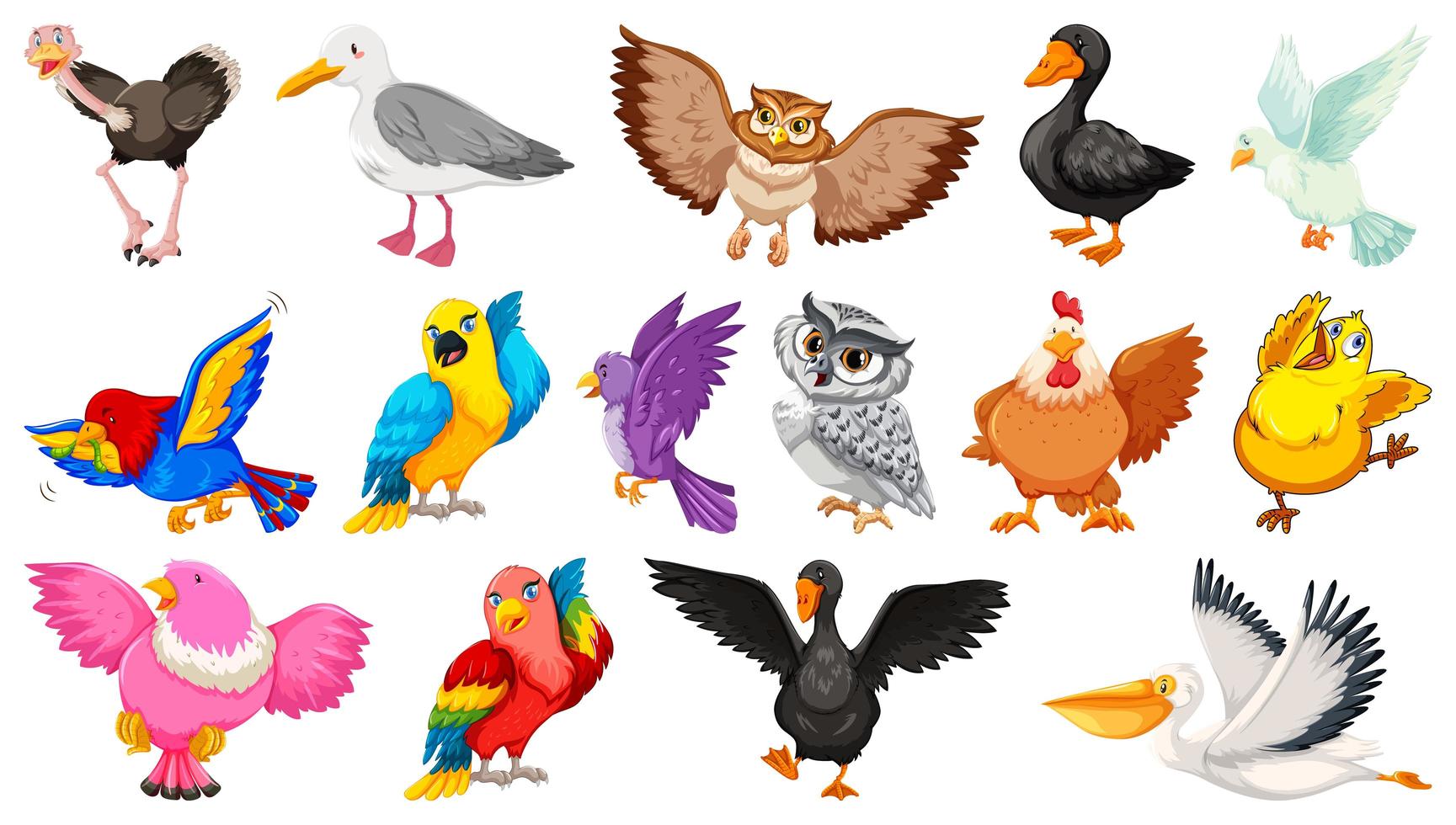 set van verschillende vogels cartoon stijl geïsoleerd vector