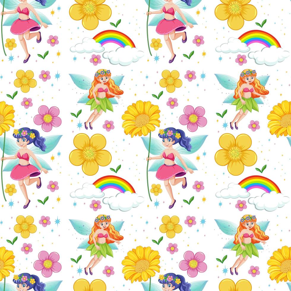 naadloze sprookjes met regenboog en bloemen vector