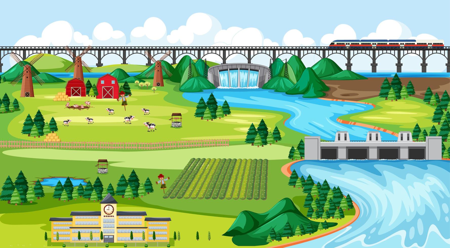 boerderij veld stad, school, brug en dam vector