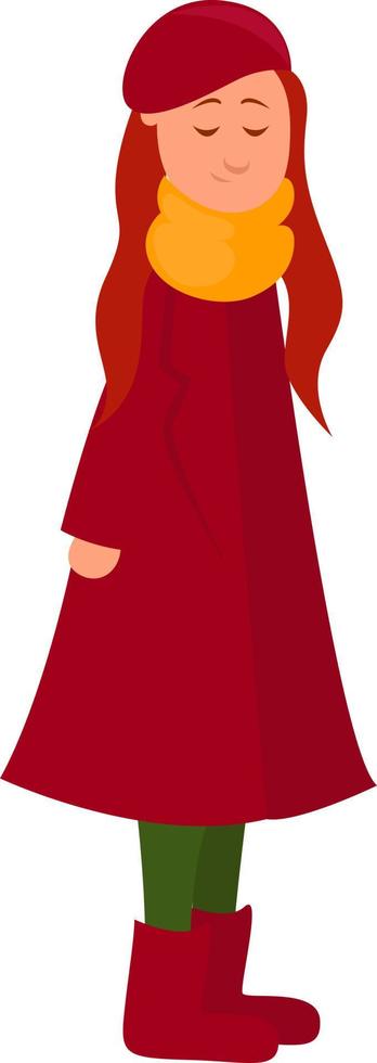 meisje in een lang rood jas, illustratie, vector Aan een wit achtergrond.