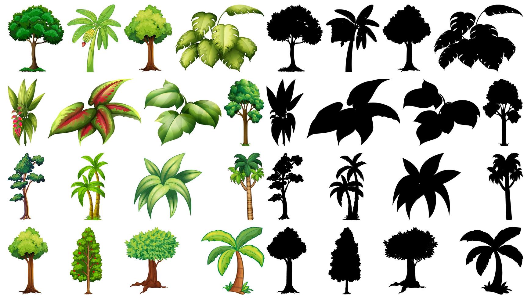 aantal planten en bomen met silhouetten vector