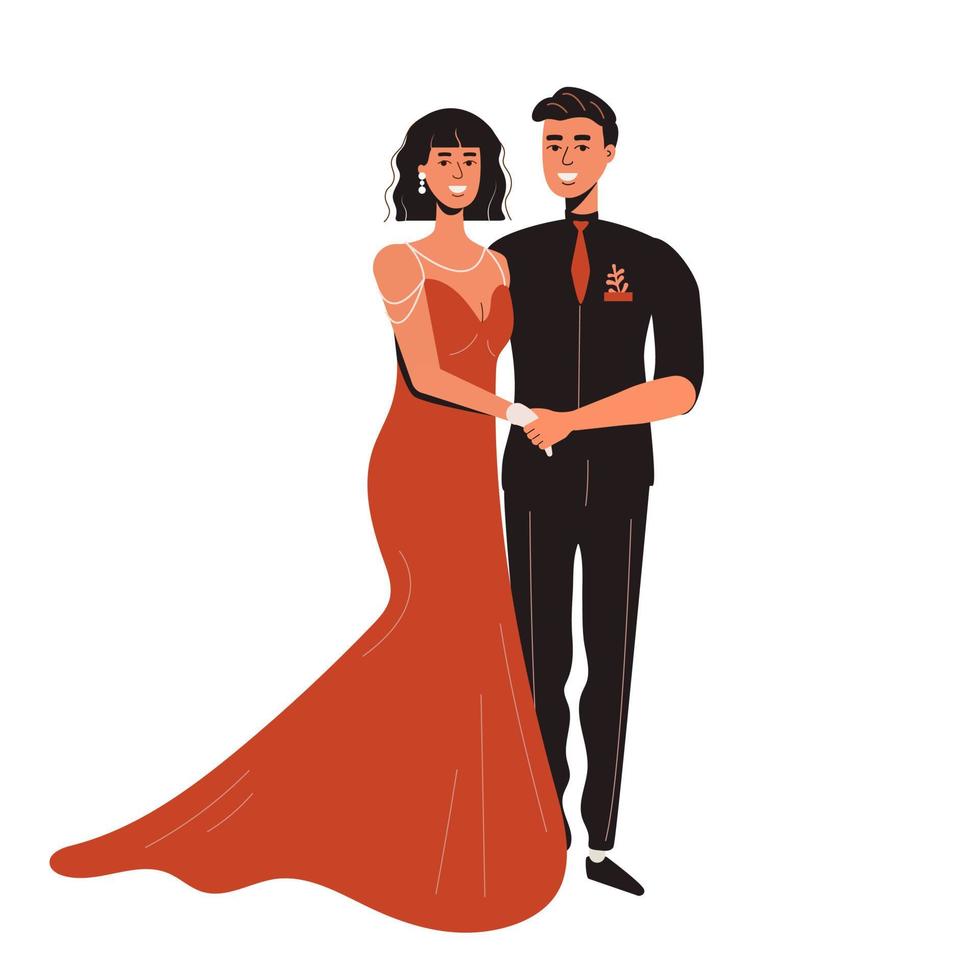 een vrouw in een rood lang jurk en een knap Mens. geliefden dans balzaal dansen. prijs ceremonie vector