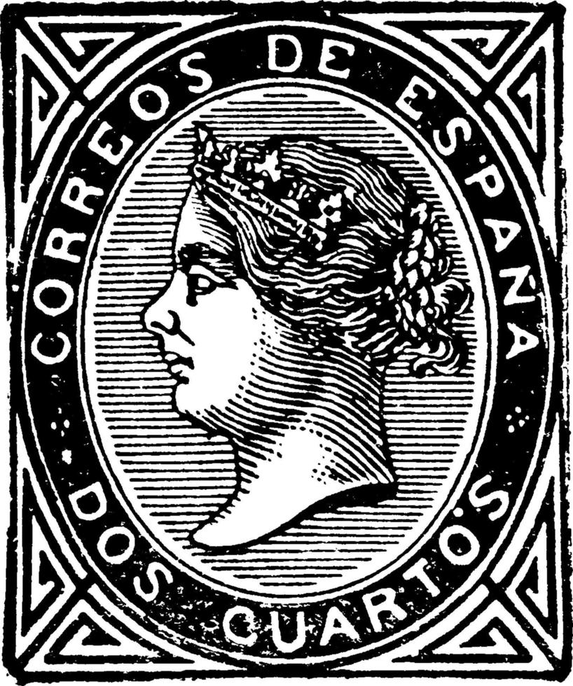 Spanje dos cuartos stempel, 1867, wijnoogst illustratie vector