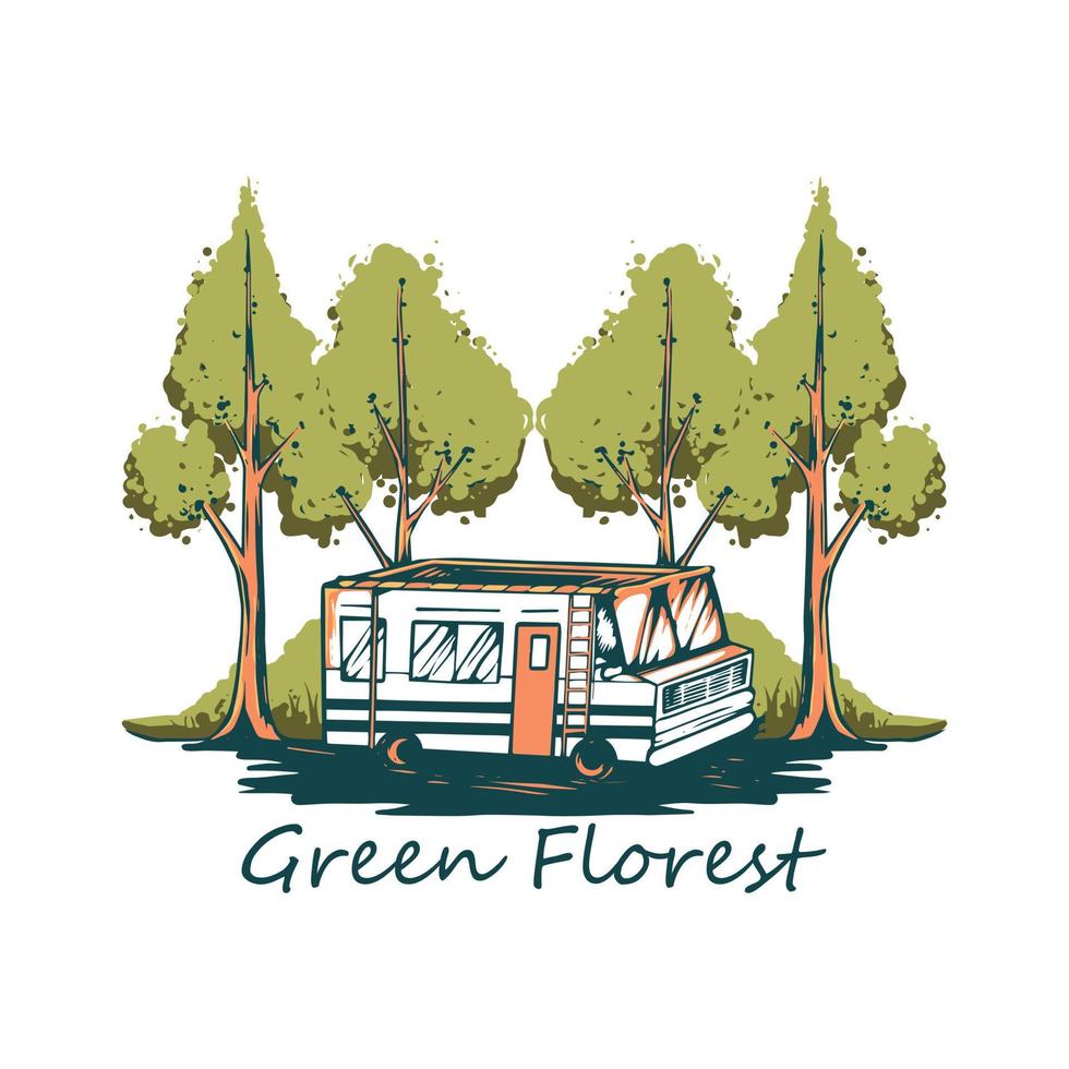 groen Woud met camping bus illustratie vector