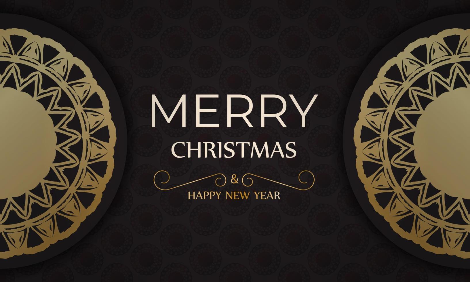 banier vrolijk Kerstmis en gelukkig nieuw jaar in zwart met goud ornamenten. vector