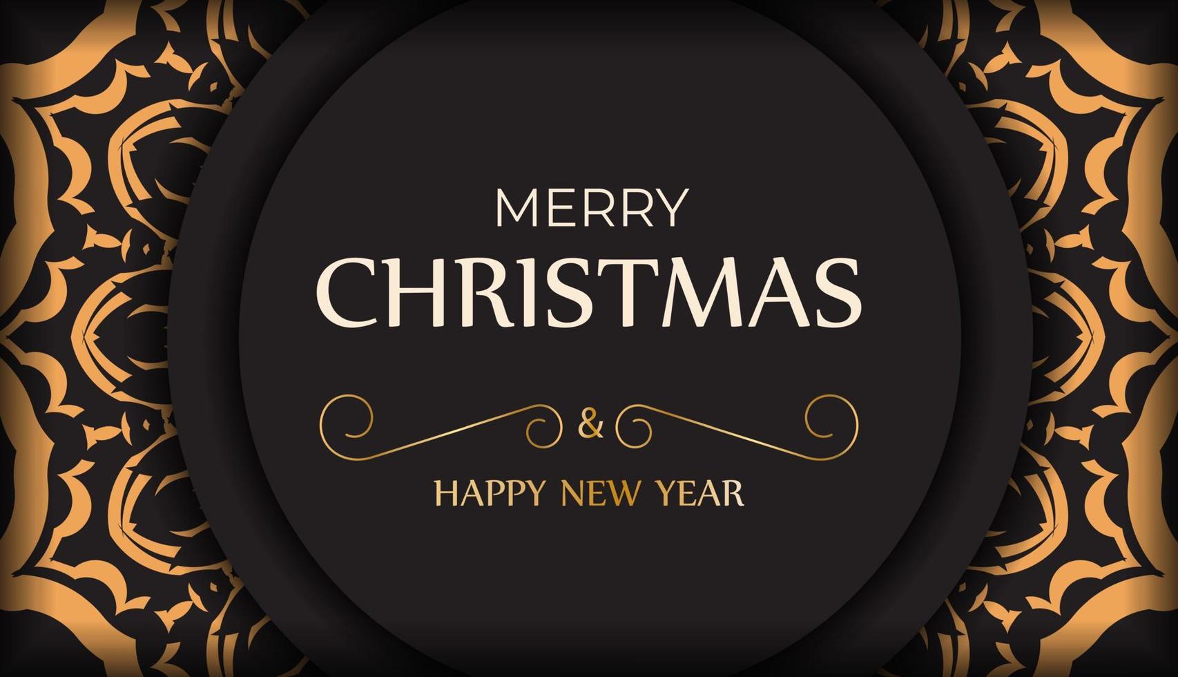 ansichtkaart gelukkig nieuw jaar en vrolijk Kerstmis in zwart kleur met oranje ornamenten. vector