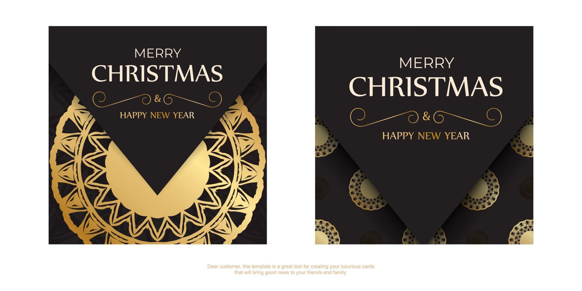 ansichtkaart sjabloon vrolijk Kerstmis en gelukkig nieuw jaar in zwart kleur met goud patroon. vector