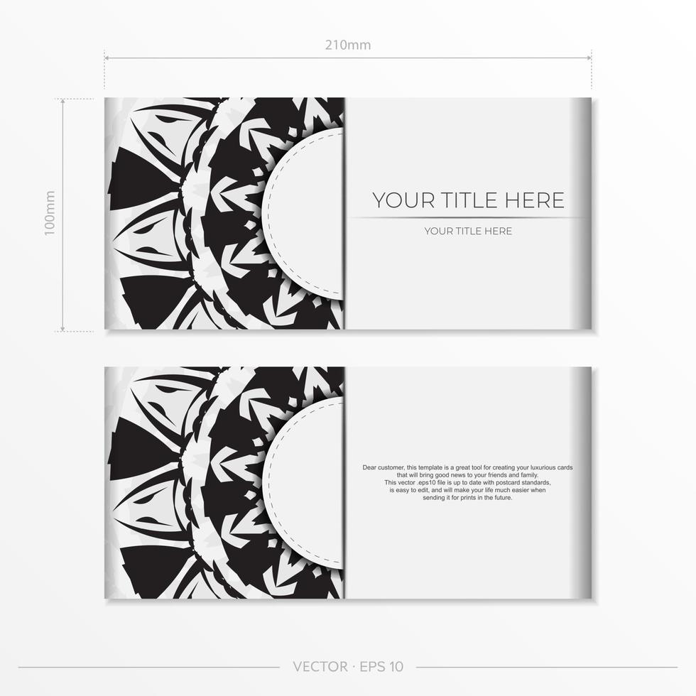 luxueus vector sjabloon voor afdrukken ontwerp ansichtkaarten wit kleur met zwart patronen. voorbereidingen treffen een uitnodiging met een plaats voor uw tekst en abstract ornament.