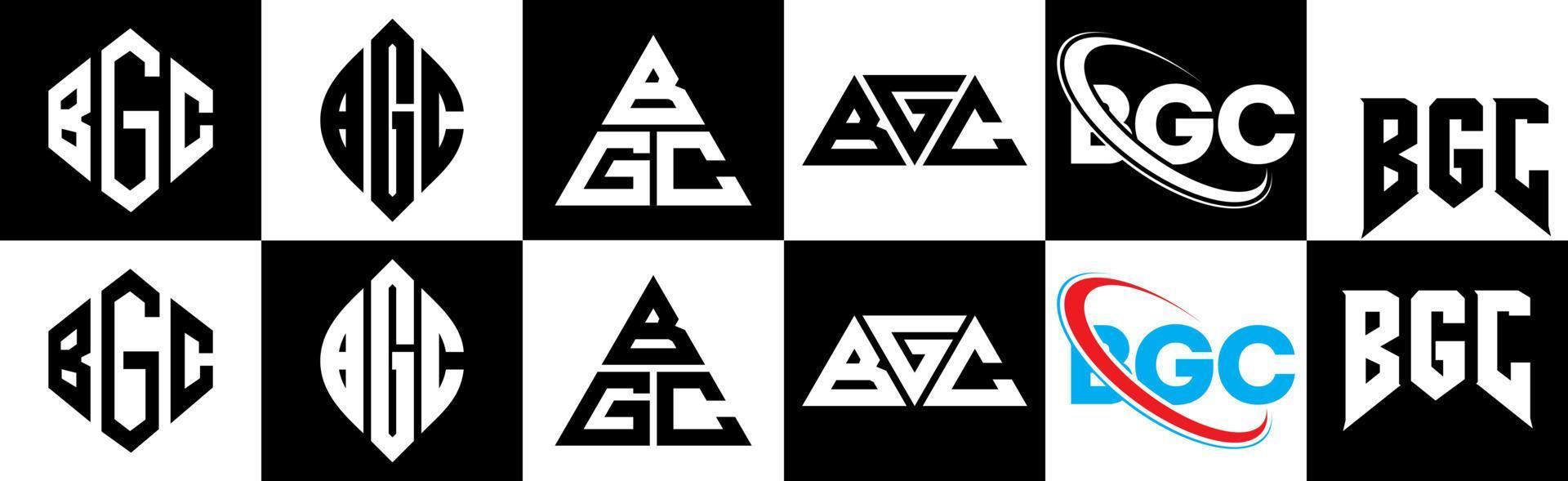 bgc brief logo ontwerp in zes stijl. bgc veelhoek, cirkel, driehoek, zeshoek, vlak en gemakkelijk stijl met zwart en wit kleur variatie brief logo reeks in een tekengebied. bgc minimalistische en klassiek logo vector